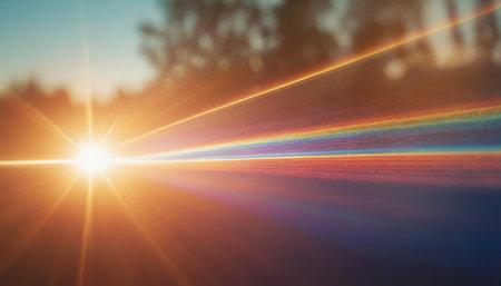 abstract image of sunbeams with lens flare and blurred backgroundの素材