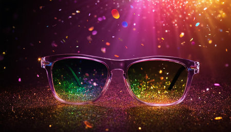Sunglasses with colorful lights and bokeh on black backgroundの素材