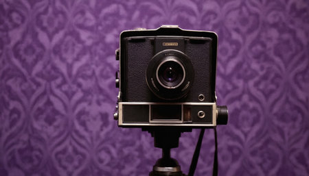Vintage camera on a stand on a background of a purple wallの素材