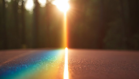 the road in the forest is illuminated by the rays of the sunの素材