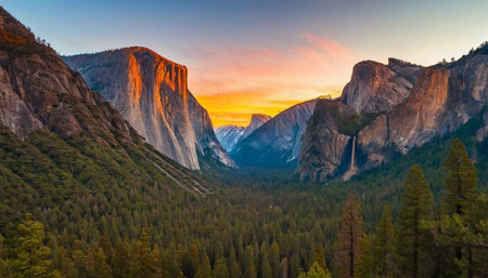 Yosemite Valley at sunrise, Yosemite National Park, California, USAの素材