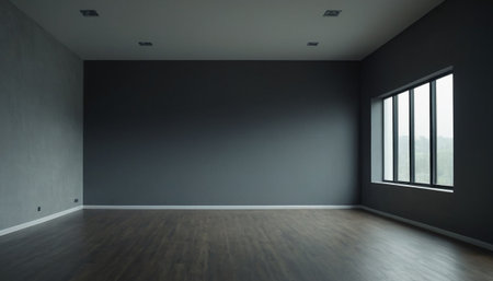 Empty room with black wall and wooden floor. 3D rendering.の素材