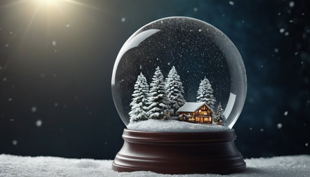 Snow globe with christmas house and fir trees in snow. 3D renderingの素材