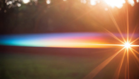 Sunset or sunrise with lens flare and bokeh background.の素材