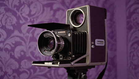 Vintage video camera on a purple background. Close-up.の素材