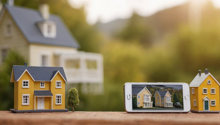 Miniature house model and smart phone on wooden table with nature background.の素材