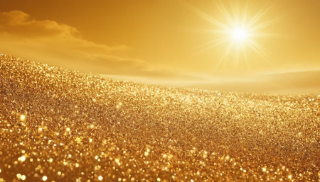 Golden glitter background with sun rays and bokeh. 3d renderingの素材
