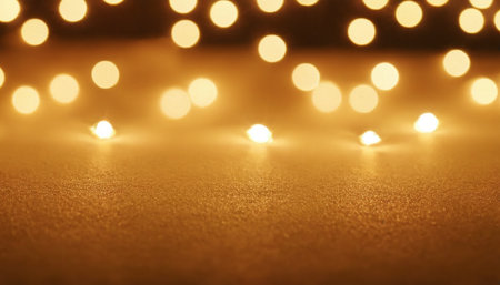 Gold bokeh background. Festive abstract background with defocused lightsの素材