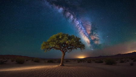 Milky Way over a tree in the desert of Namibia.の素材