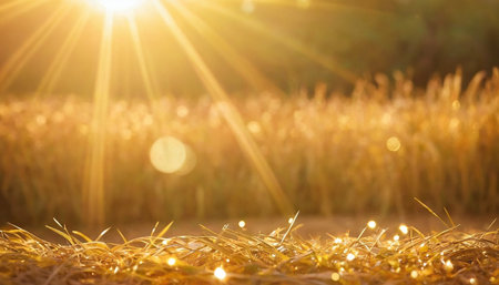 golden wheat field with sun flare and bokeh background.の素材