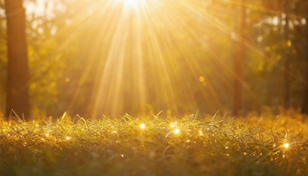 Sunset in the forest with sunbeams and bokehの素材