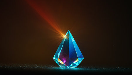 3d rendering of a crystal with a beam of light on a black backgroundの素材