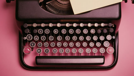 Vintage typewriter on pink background. Top view with copy spaceの素材