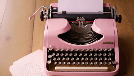 Vintage typewriter on a wooden table with a book in the backgroundの素材