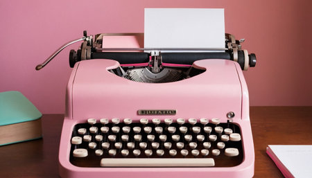 Vintage typewriter with blank paper on wooden desk and pink backgroundの素材