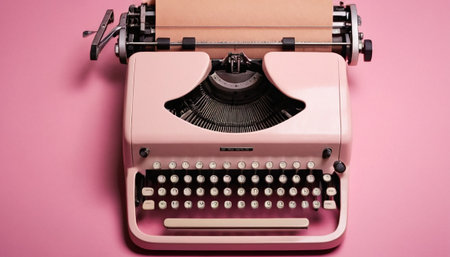 Pink vintage typewriter on a pink background, top view, copy spaceの素材