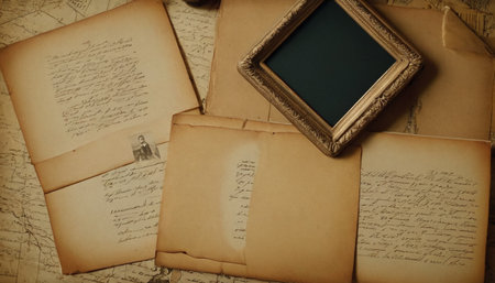 Vintage photo frames and old photos on the old paper background.の素材