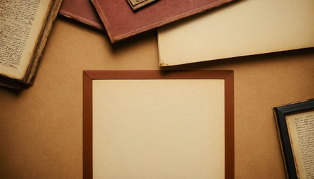 Old books with blank paper sheet on wooden background. Retro style.の素材