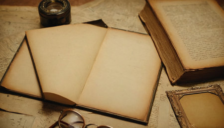 Vintage still life with old books and glasses on a wooden tableの素材