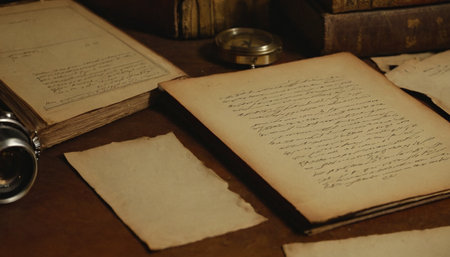Old books and antique clock on a wooden table. Vintage style.の素材