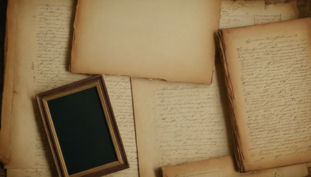 Vintage photo frames and old books on a wooden background. Retro style.の素材