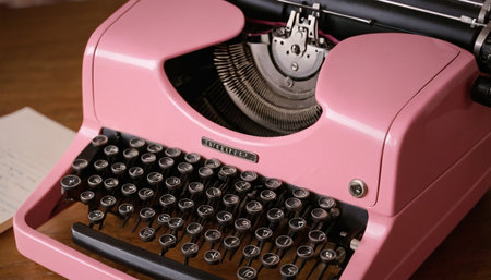 Vintage pink typewriter on a wooden table with sheets of paperの素材