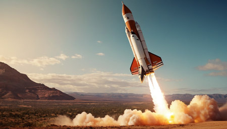 Rocket taking off from the ground. Mixed media. Mixed media. Mixed mediaの素材