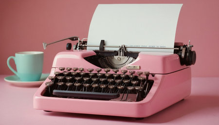 Vintage typewriter with blank paper and cup of coffee on pink backgroundの素材