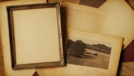Vintage photo album and old photos on a wooden table. Toned.の素材