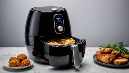 Modern electric multicooker with french fries and chicken nuggets.の素材