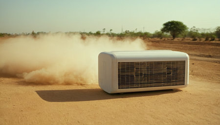 Air conditioner in the desert with dust and smog on the groundの素材