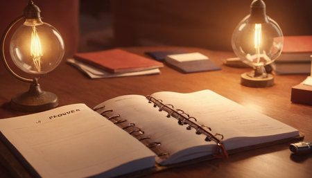 Notebook and lamp on wooden table in dark room. Education concept.の素材