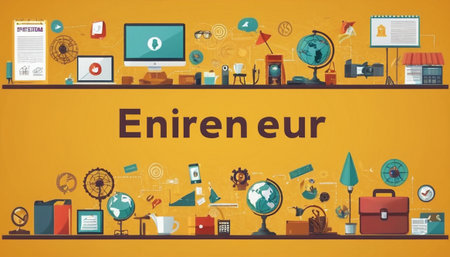 E-learning concept with flat icons on yellow background. Vector illustrationの素材