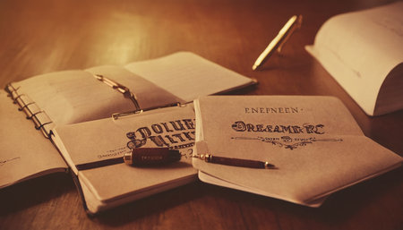 Old fountain pen and book on wooden table. Retro toned imageの素材