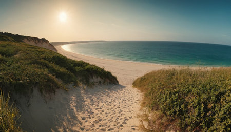 Panoramic view of the sand dunes on the beach at sunsetの素材