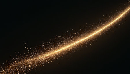 Glowing golden trail of particles on a black background. 3d renderingの素材