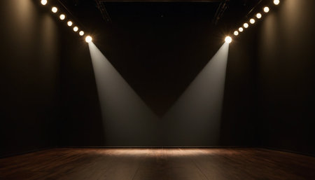 Empty stage with spotlights and wood floor. Stage lights background.の素材