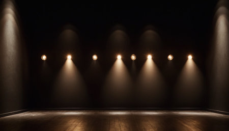 Spotlights in a dark room. 3d rendering, 3d illustration.の素材