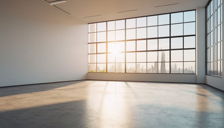 Interior of empty office with panoramic window and city viewの素材