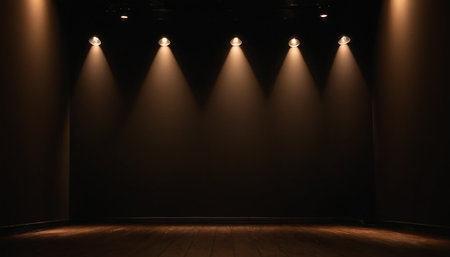 Spotlights in dark room with wooden floor and brick wall background.の素材