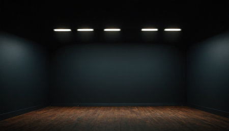 Black room with wooden floor and spotlights. 3d rendering.の素材