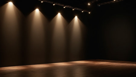 Empty stage with spotlights in a dark room. 3d renderingの素材