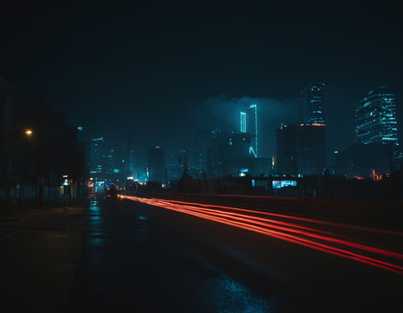 light trails on the street at night in shanghai chinaの素材