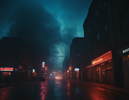 A view of a street in the middle of the city at night.の素材