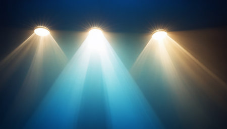 Blue stage background with spotlights and beams of light. Vector illustration.の素材