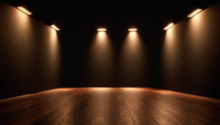 Empty room with wooden floor and spotlights. Mock up, 3D Renderingの素材