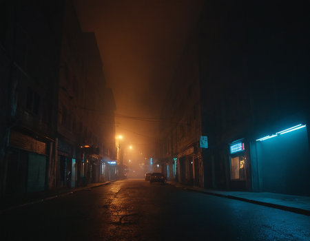 City street in the fog at night. Azerbaijan. Sharm El Sheikhの素材
