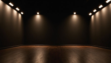 Empty room with black wall and spotlights. 3D rendering.の素材