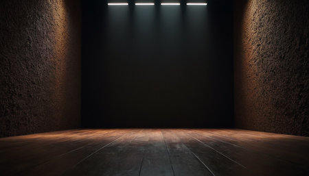 3d rendering of empty room with spotlights and wooden floor.の素材