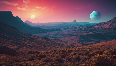 Fantasy alien planet. Mountain and sunset. 3D illustration.の素材
